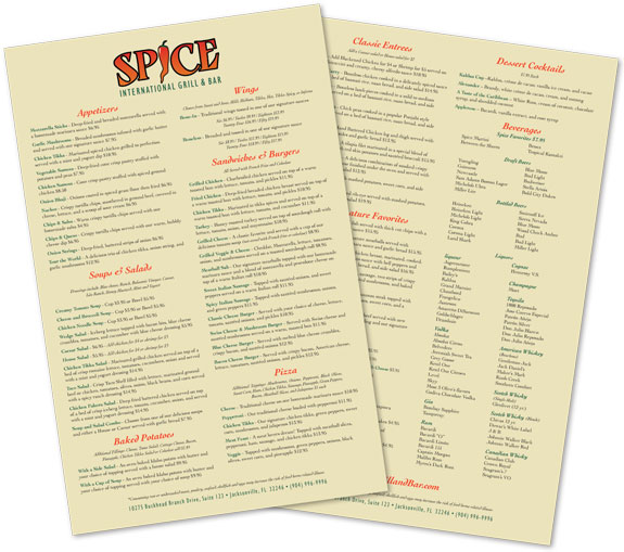 Jacksonville menu printing - Spice International Grill & Bar Dinner Menu
