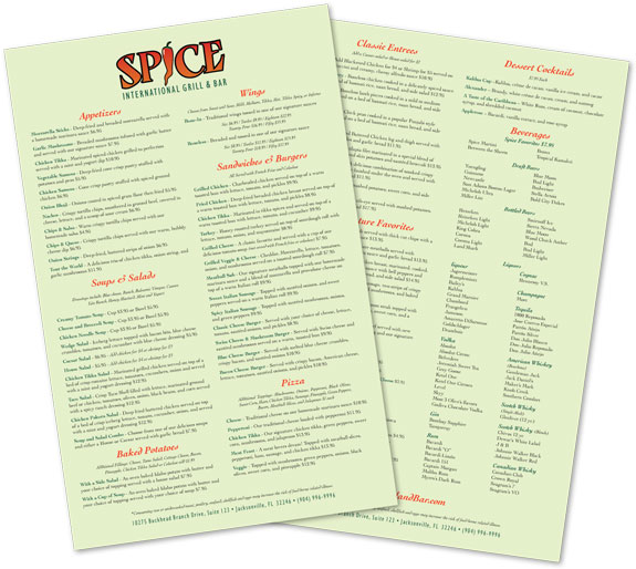 Jacksonville menu printing - Spice International Grill & Bar Lunch Menu