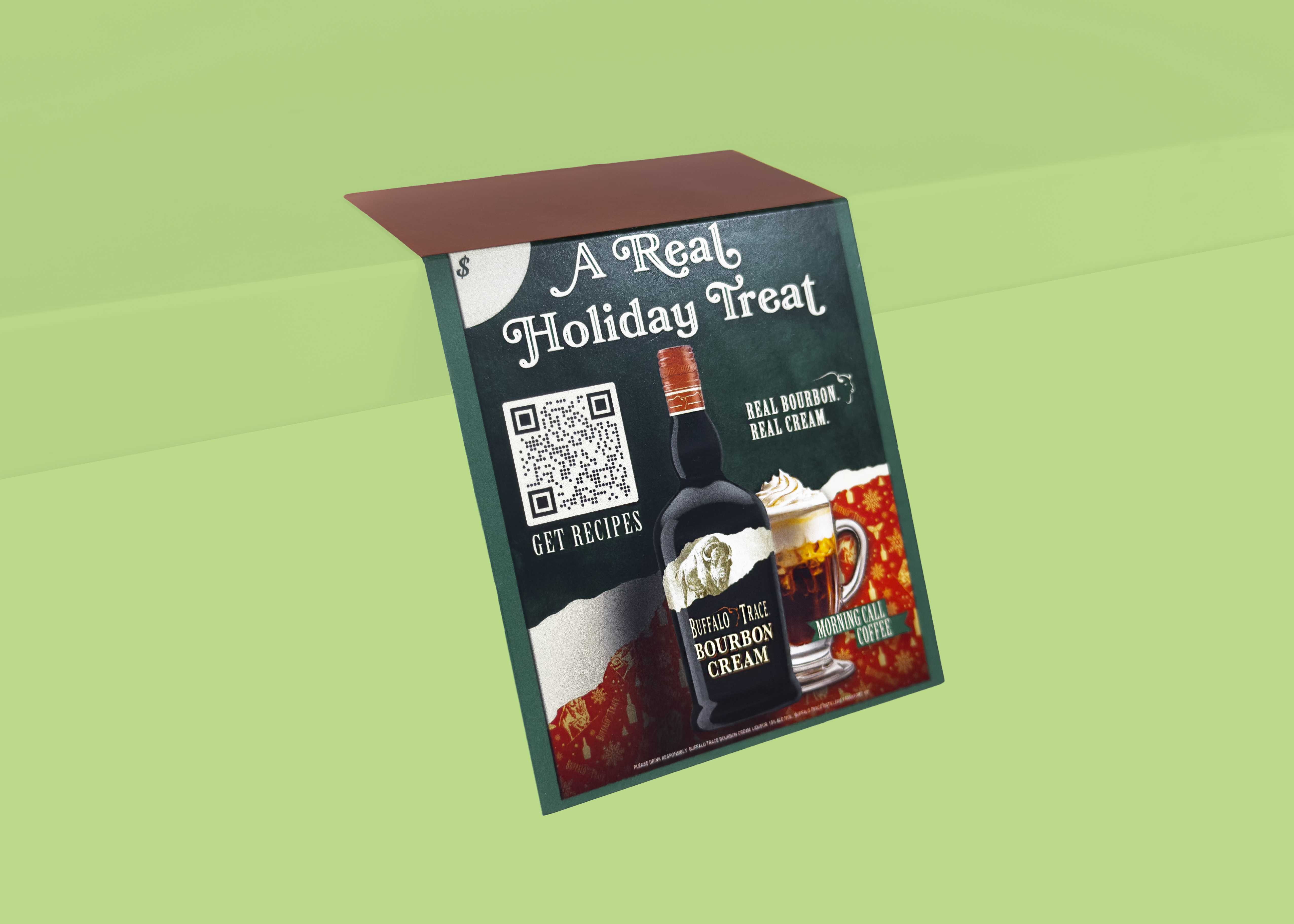 Buffalo Trace Bourbon Cream shelf talker reading A Real Holiday Treat with a QR code to recipes